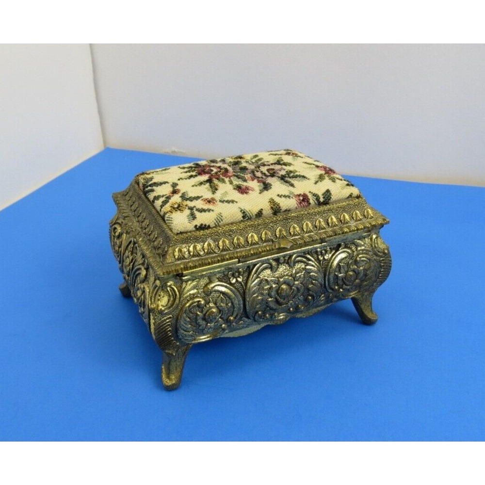 VTG Ornate Metal Trinket Box Tapestry Top Fabric Lined Gunther Mele Ltd Japan
